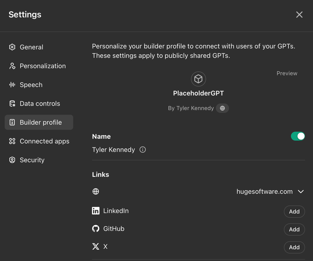 Builder profile settings in ChatGPT