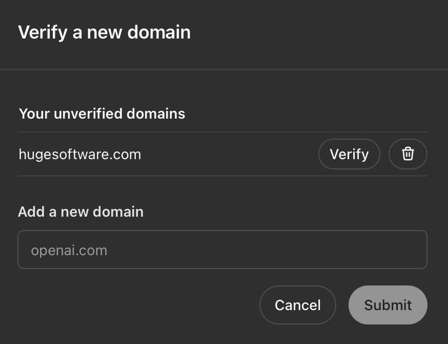 Verify domain screen in ChatGPT builder profile