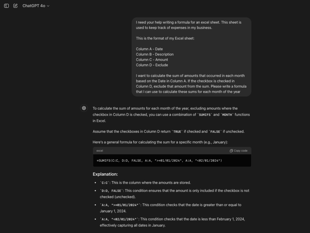 ChatGPT generating an Excel formula