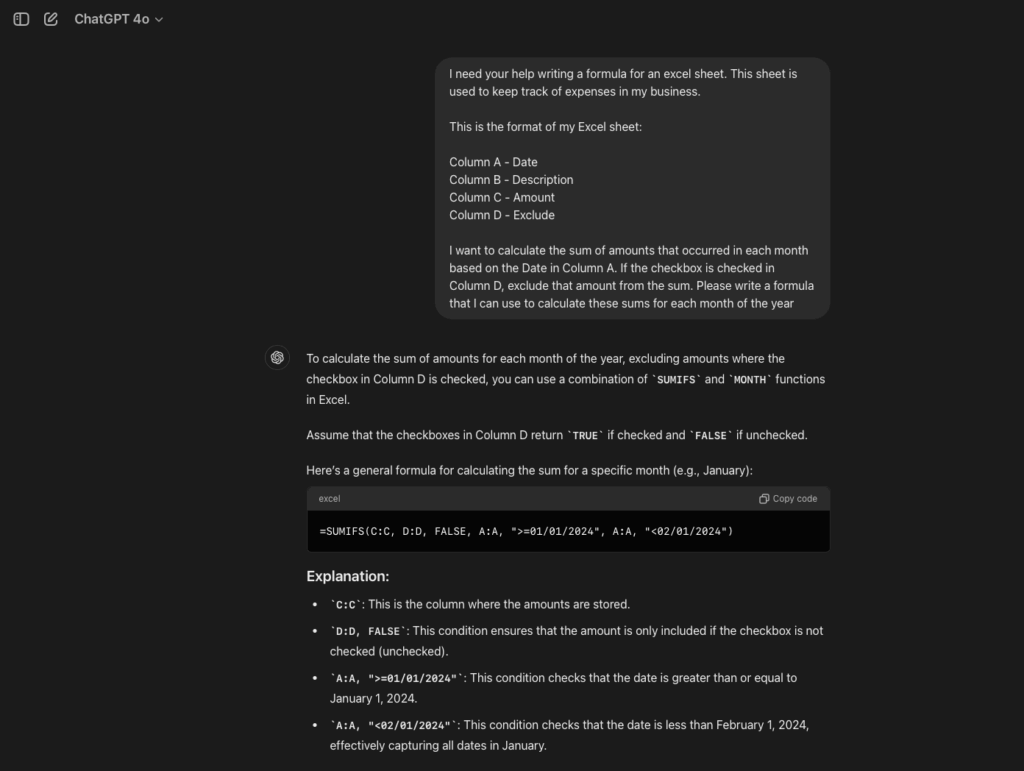 Example of Using ChatGPT to Generate an Excel Formula