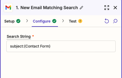 Configure the Search String for a New Email Matching Search trigger in Zapier